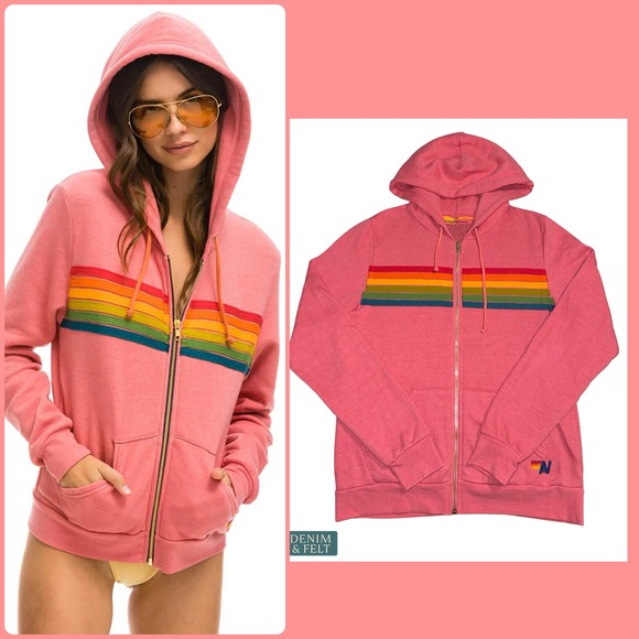 Aviator Nation Tops - Aviator Nation 6 Stripe Zip Hoodie Pink Serape Rainbow Surf California Medium